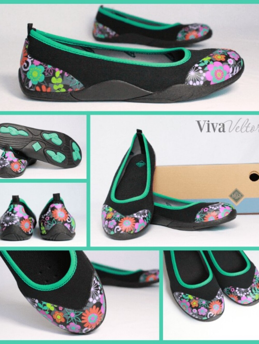 The Original Muck Boot Company Floral Black & Teal Women's Slip-On Flats Sz 7